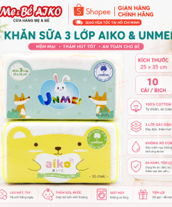 Khăn Sữa AIKO VÀ UNMEI 3 Lớp 25x35cm 10 Cái/Bịch – Khăn Xô Cotton Mềm Mại, Thấm Hút Tốt Cho Bé