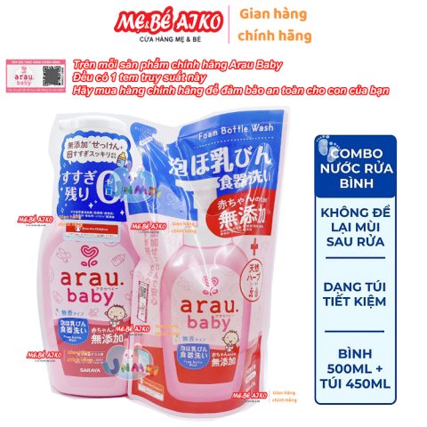 Combo Nước Rửa Bình Thảo Mộc Arau Baby Chai 500ml và túi 450ml