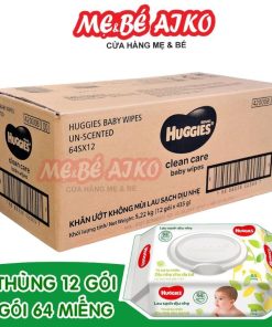 Thùng 12 gói Khăn ướt, Khăn Giấy Ướt Huggies không mùi (64 miếng/gói)