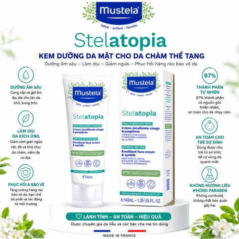 Mustela - Kem Dưỡng Mặt Da Chàm, Chàm Thể Tạng -Stelatopia Emollient Face Cream & Eyelid 40ml - Pháp