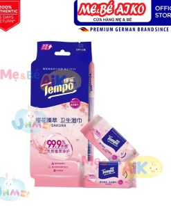 Khăn ướt Tempo Set 6 Gói Khăn Ướt / 6 Gói Giấy Ướt mini Vệ Sinh Không Cồn Hoa Anh Đào