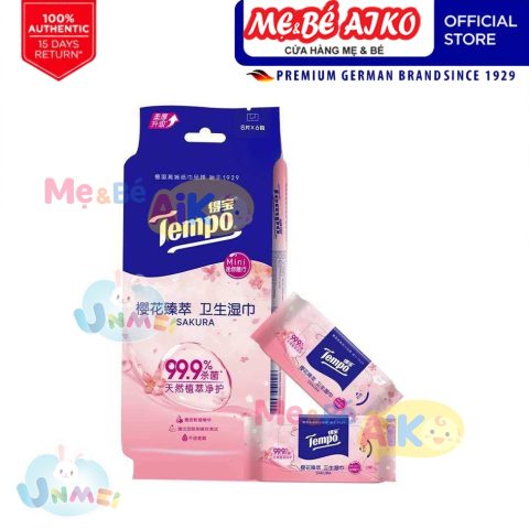Khăn ướt Tempo Set 6 Gói Khăn Ướt / 6 Gói Giấy Ướt mini Vệ Sinh Không Cồn Hoa Anh Đào