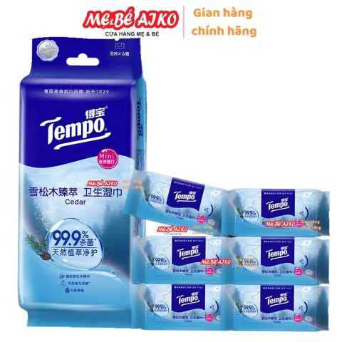 (Lốc 6 Gói) Khăn ướt mini TEMPO Tuyết Tùng Cedar Khăn giấy ướt Khăn giấy bỏ túi 4 lớp - 8 tờ/gói tại Mevabeaiko