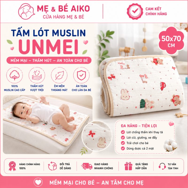 Tấm lót UNMEI chống thấm xô vải Muslin cao cấp nhiều kích cỡ thoáng mát, mềm mại, tiện lợi cho bé (Bịch 1 Cái)