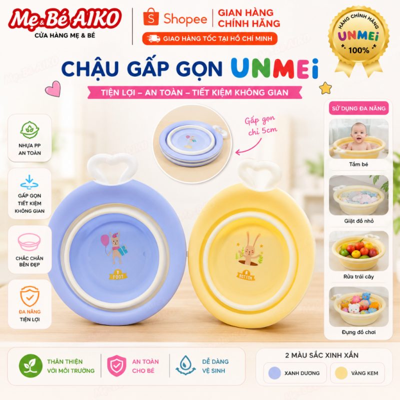 Thau, Chậu Gấp Gọn Unmei Hình Vương Miện Có Họa Tiết Đáng Yêu cho bé, tiện lợi đi sinh - Họa Tiết Giao Mẫu Ngẫu Nhiên