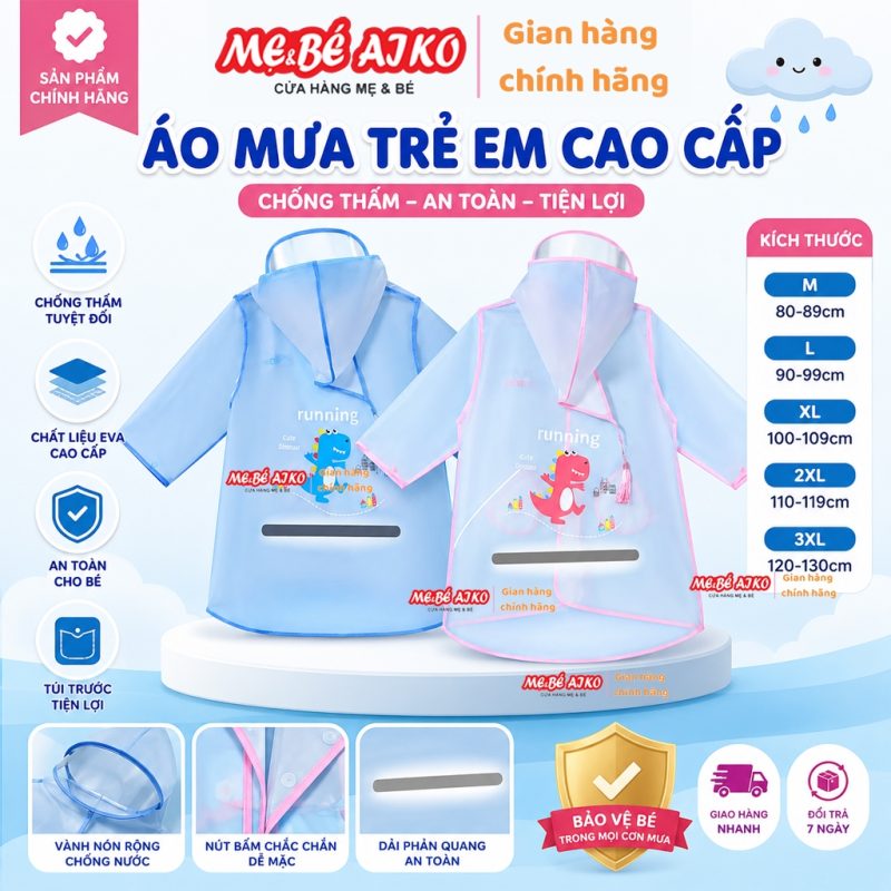Áo Mưa Trẻ Em Cao Cấp Chống Nước Dày Dặn, Áo Mưa Toàn Thân Có Vành Nón Cho Bé Trai Bé Gái