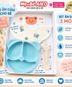 Bộ dụng cụ ăn dặm cho bé, muỗng, Khay Ăn Silicon, Yếm Vải an toàn tuyệt đối dùng cho bé tập ăn