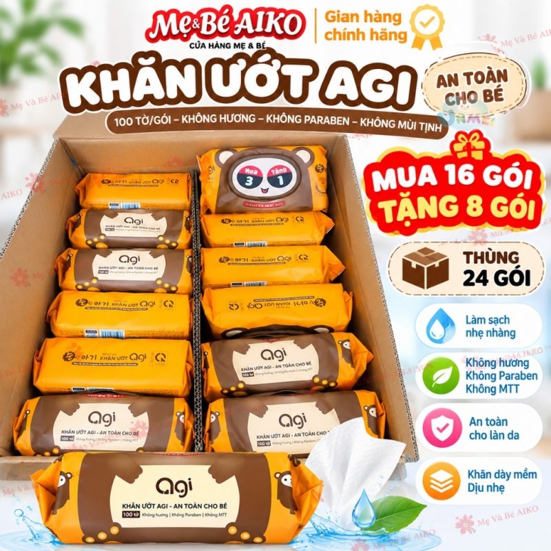(16 gói tặng 8 gói) Thùng 24 Gói Khăn Ướt Agi 100 Tờ Hình Con Gấu (Mẫu Mới)