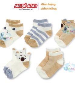 Set 5 đôi tất sơ sinh UNMEI màu nâu - trắng - xanh (1 - 2 tuổi)