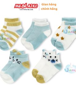 Set 5 đôi tất sơ sinh UNMEI màu xanh dương - trắng - vàng (1 - 2 tuổi)
