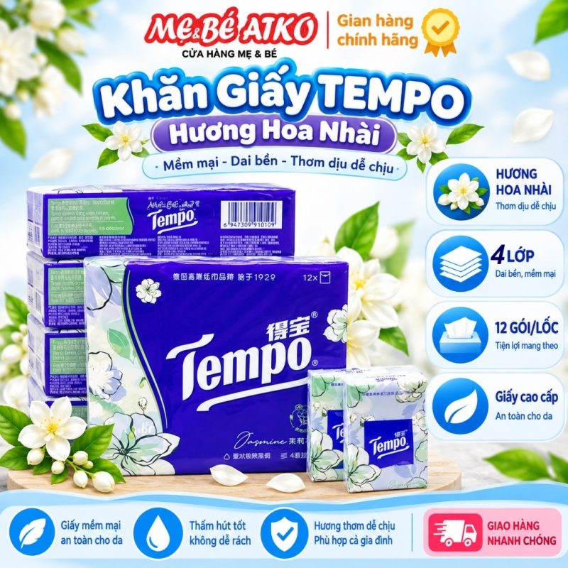 Khăn Giấy Tempo Hoa Nhài Jasmine – Combo 5 Lốc x 12 Gói – Mềm Mịn, Thơm Dễ Chịu