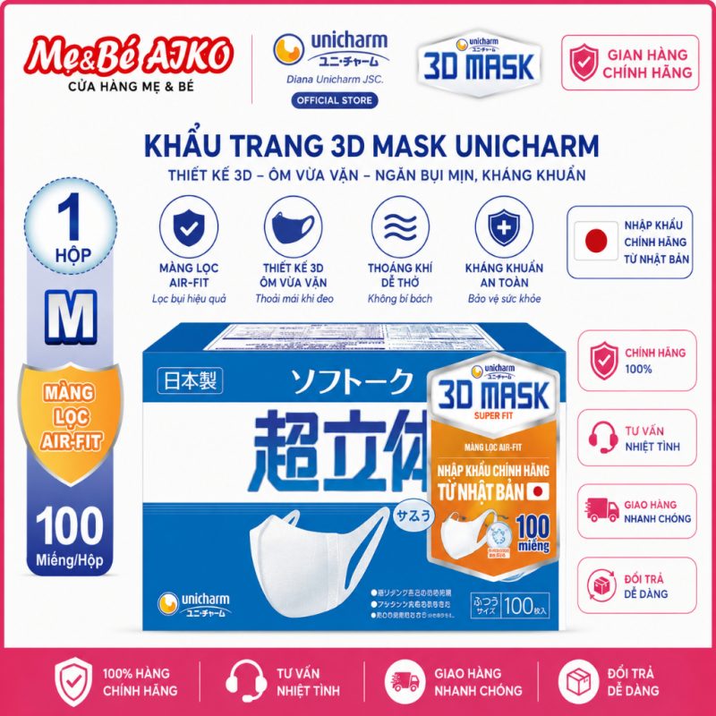 [3D MASK UNICHARM] Khẩu trang Unicharm 3D Mask Super Fit hộp 100 cái (Hàng chính hãng, Hàng giả đền tiền gấp 5)