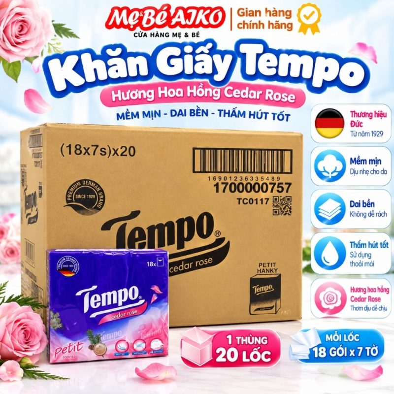 Thùng 20 Lốc Khăn Giấy Bỏ Túi Cao Cấp Tempo Petit Hương Tuyết Tùng Hoa Hồng Cedar Rose 4 Lớp - 18 gói/lốc