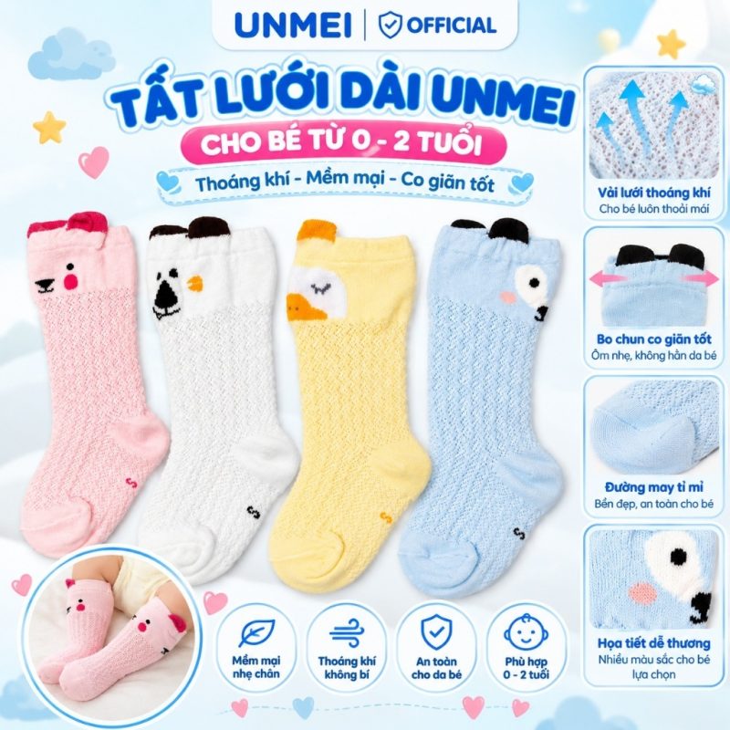 Tất Lưới Dài UNMEI Cho Bé 0–2 Tuổi – Vớ Lưới Cổ Cao Thoáng Khí, Mềm Mại, Họa Tiết Dễ Thương